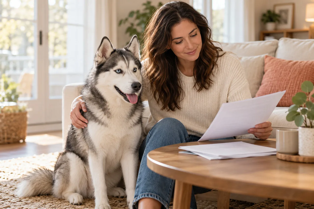 Owner reviewing a document beside a husky-type dog at home